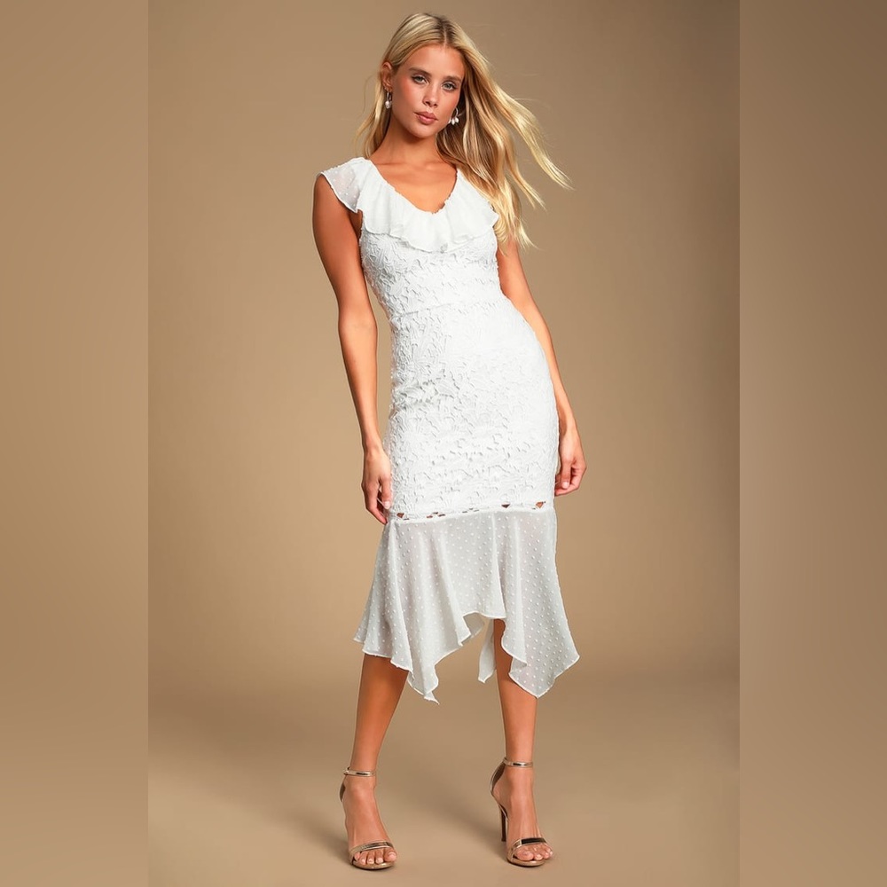 Lulus Dagny White Lace Ruffled Midi Dress Size Small $74